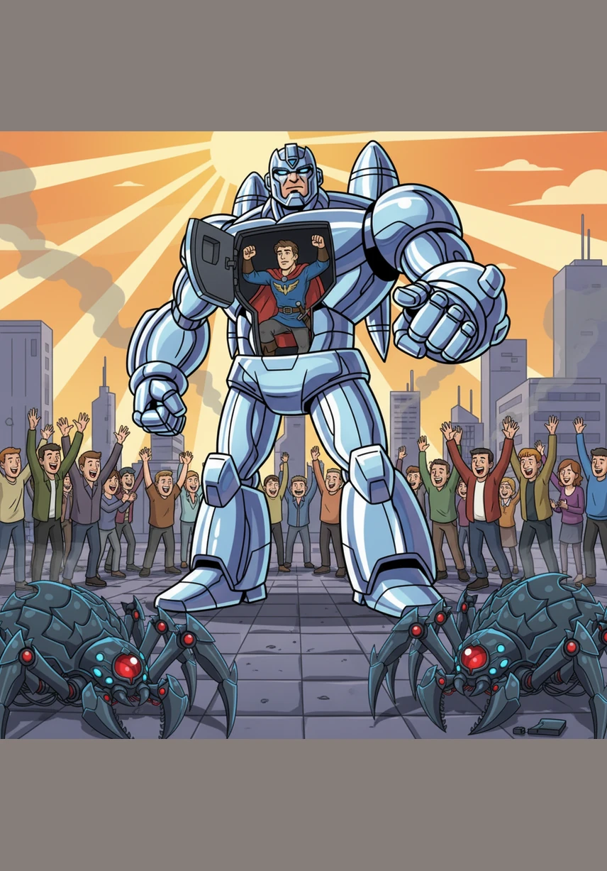 With the last of the intruders defeated, the robot stands tall among the cheering crowds in the city square. Ary looks out from the cockpit at the waving citizens, feeling the weight of his new responsibility as a hero.