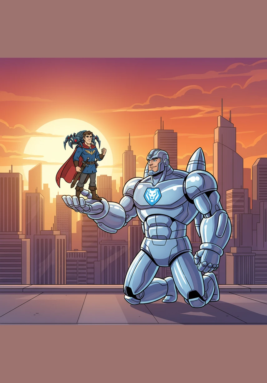 As the sun sets behind the towering skyline, the robot gracefully transforms back into its unassuming car form. Ary drives away into the cooling twilight, knowing that he and his secret partner are ready for the next adventure.