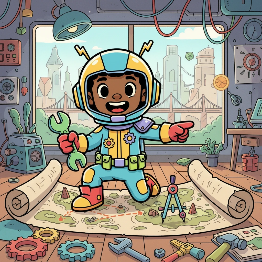 Meet Kito, a curious child with a heart full of dreams, living on a bustling, tech-savvy continent. Kito loves poring over old, whimsical maps, imagining bridges and paths that could link every corner of their colorful world. With a trusty toolkit and a spark of invention, Kito believes in building a future where everyone is connected.