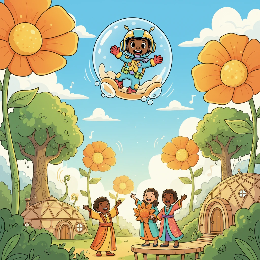 One sunny morning, Kito sets off in a bouncy air-hopper to visit the 'Sunlands,' a continent bursting with lush, fantastical plants and cheerful, nature-loving inhabitants. The Sunlands people, with their bright robes and wider smiles, greet Kito with warm hospitality. Their homes are nestled among giant, glowing flowers and trees that hum sweet melodies.