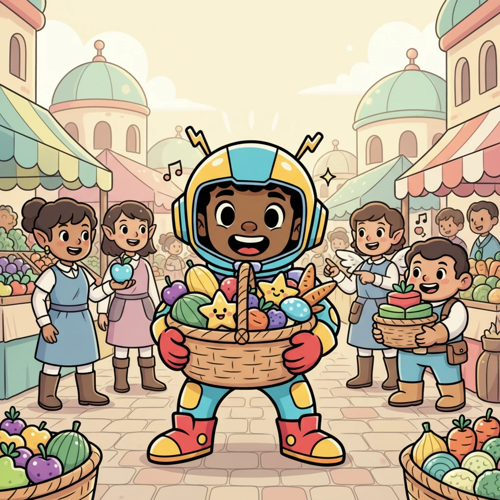 The Sunlands people are famous for their bountiful harvests, and today is the Grand Unity Market day! They bring baskets overflowing with rainbow-colored fruits, shimmering vegetables, and fragrant, star-shaped pastries. The market square is a kaleidoscope of activity, filled with laughter and the joyful chatter of different continent-peoples.