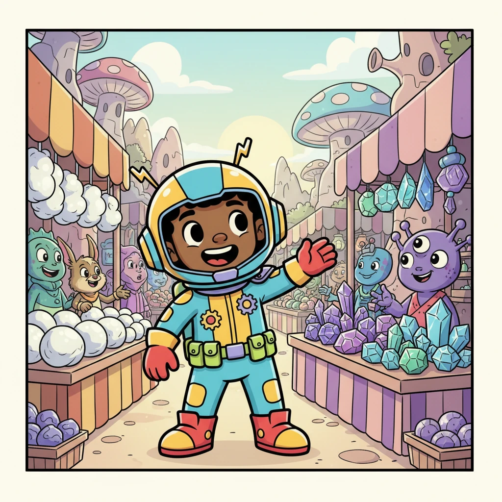 Kito explores the lively market, marveling at the incredible variety of goods and talents on display. From the sparkly minerals of the Crystal Peaks to the bouncy cloud-wool from the Sky Islands, every continent brings something special. Kito's heart swells with wonder, realizing how much richer the world is when everyone shares their unique gifts.