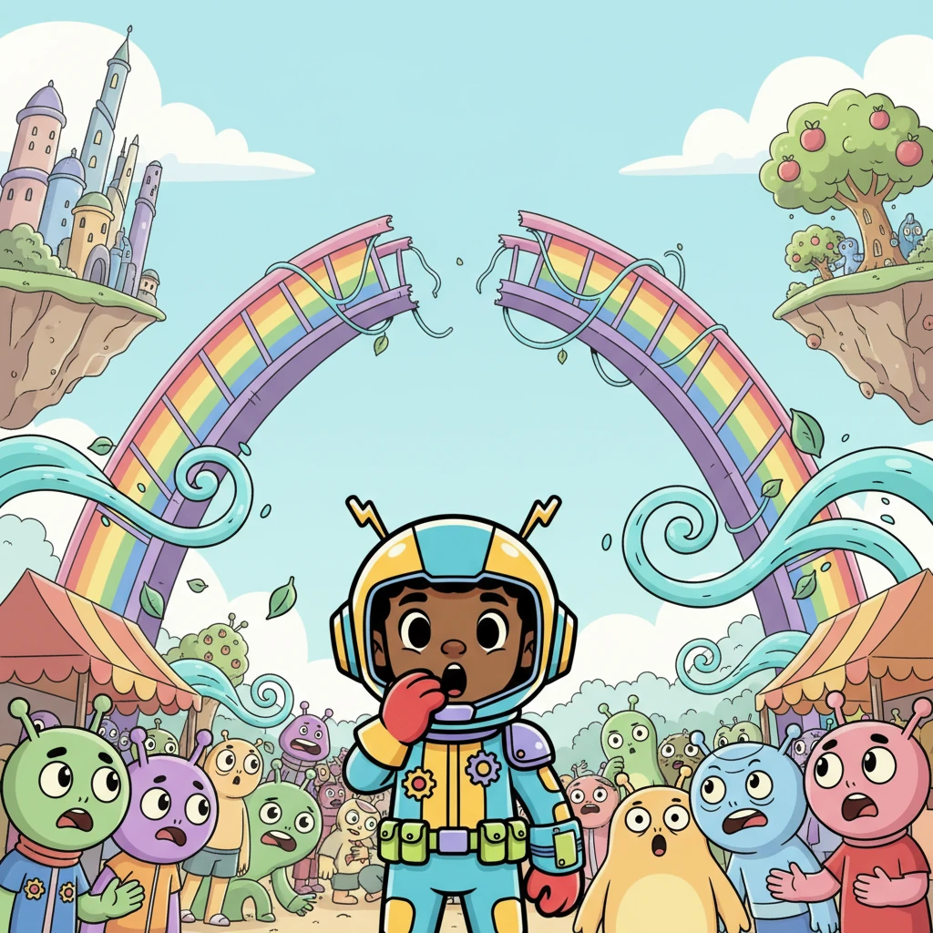 Suddenly, a playful gust of wind blows through the market, carrying news that the 'Sky-Path,' a magnificent, rainbow-hued bridge connecting two friendly continents, has developed a wobbly section. The path, vital for sharing stories and snacks, needs urgent repair. A collective gasp ripples through the crowd.