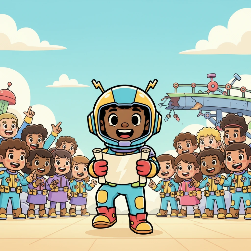 Without hesitation, Kito steps forward, holding up a small, shiny blueprint. "We can fix it!" Kito exclaims, "If everyone lends their unique skills, we can make the Sky-Path stronger and more beautiful than ever!" The crowd buzzes with excitement, eager to help.