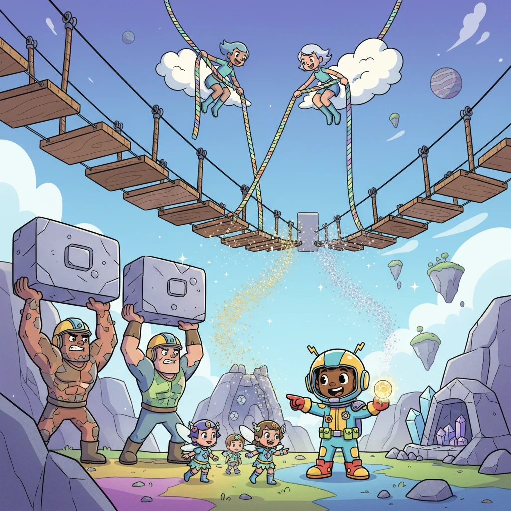 Soon, continent-peoples from all over gather at the wobbly Sky-Path. The strong Stone-Shapers carefully lift sturdy new foundations, while the nimble Weavers from the Cloud Islands braid iridescent ropes. Even the tiny Sparkle-Sprinklers from the Gem Grotto add their glowing dust for extra magic and strength.