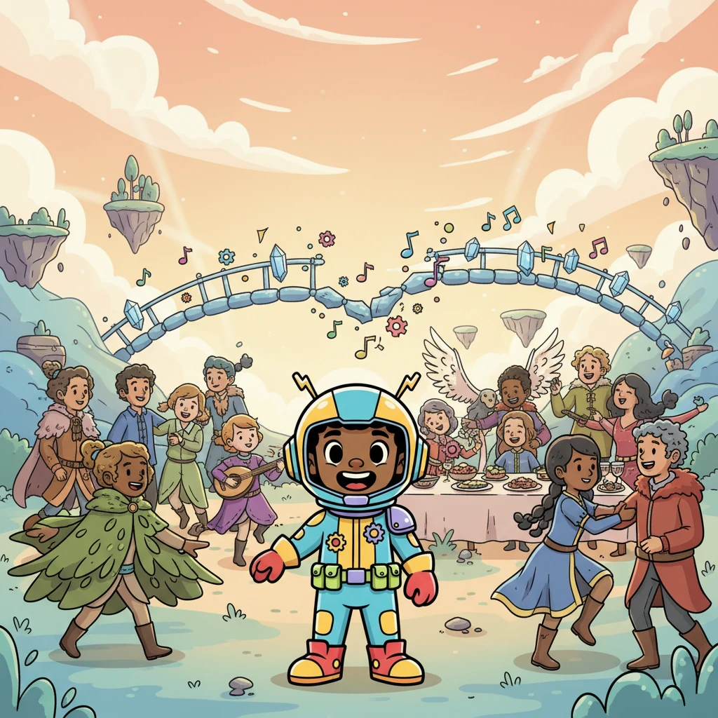 A grand celebration erupts on the newly mended Sky-Path! Music fills the air as all the continent-peoples dance and feast, sharing stories and laughter. Kito watches, beaming, as friends from every corner of the world embrace, knowing that together, they can build any dream and create a future filled with endless connection and joy.