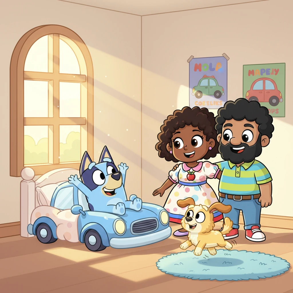 Bluey, the little blue car, wakes up in his cozy garage-bedroom. Sunlight shines on his shiny hood. He stretches his wheels happily. Mama and Papa watch lovingly as Zoomer, the yellow car-dog, jumps playfully nearby, his tail-light wagging.