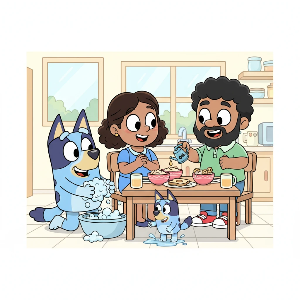 Bluey rolls to the wash basin, washing his headlights and wheels with bubbly soap. Mama hums a cheerful tune while Papa pours a tiny drop of oil on breakfast toast. Zoomer splashes in little puddles, making everyone laugh warmly as they gather at the kitchen table for motor-oats and juice.