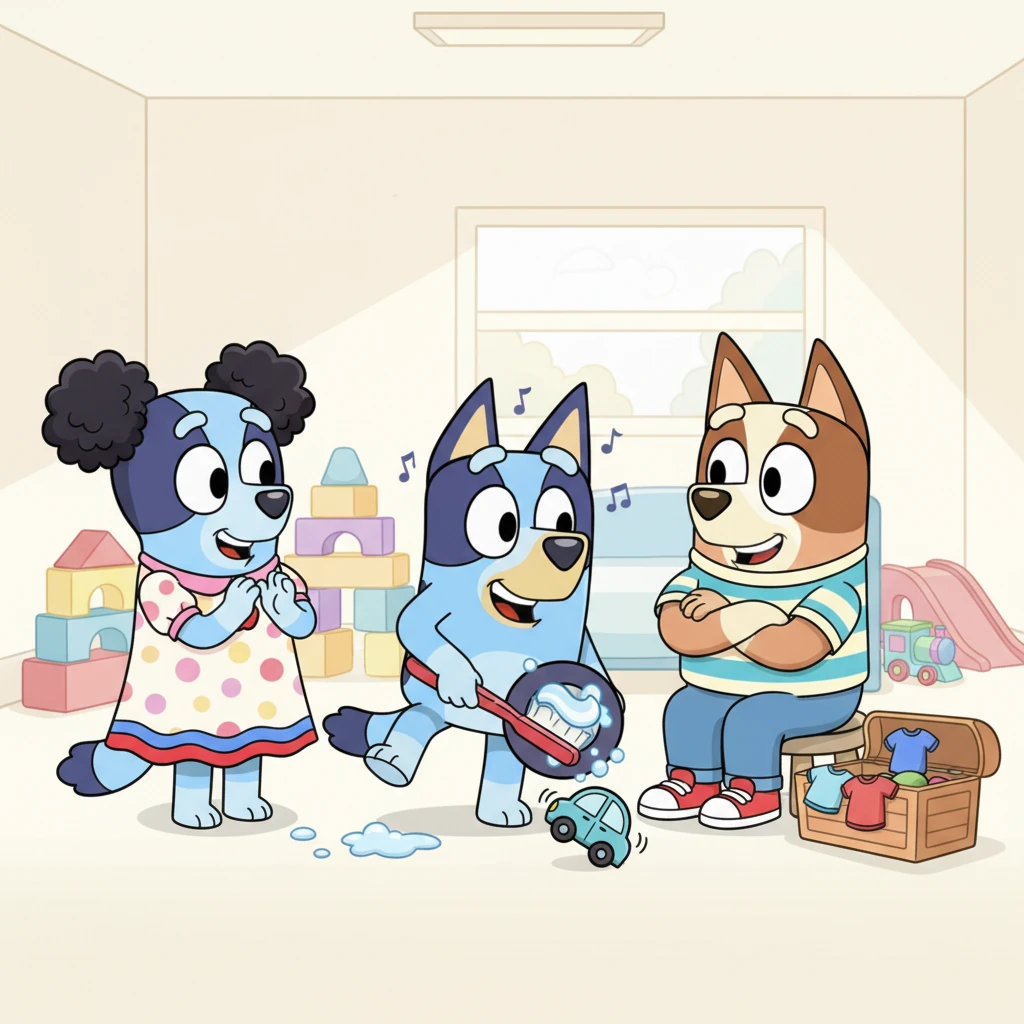 After breakfast, Bluey brushes his teeth and cleans his wheels, humming a happy tune. Mama praises him, "Well done, Bluey!" Papa nods proudly. Zoomer tries to copy him, honking playfully, as Bluey tidies his garage-bedroom, stacking toys neatly while Papa helps fold little clothes.