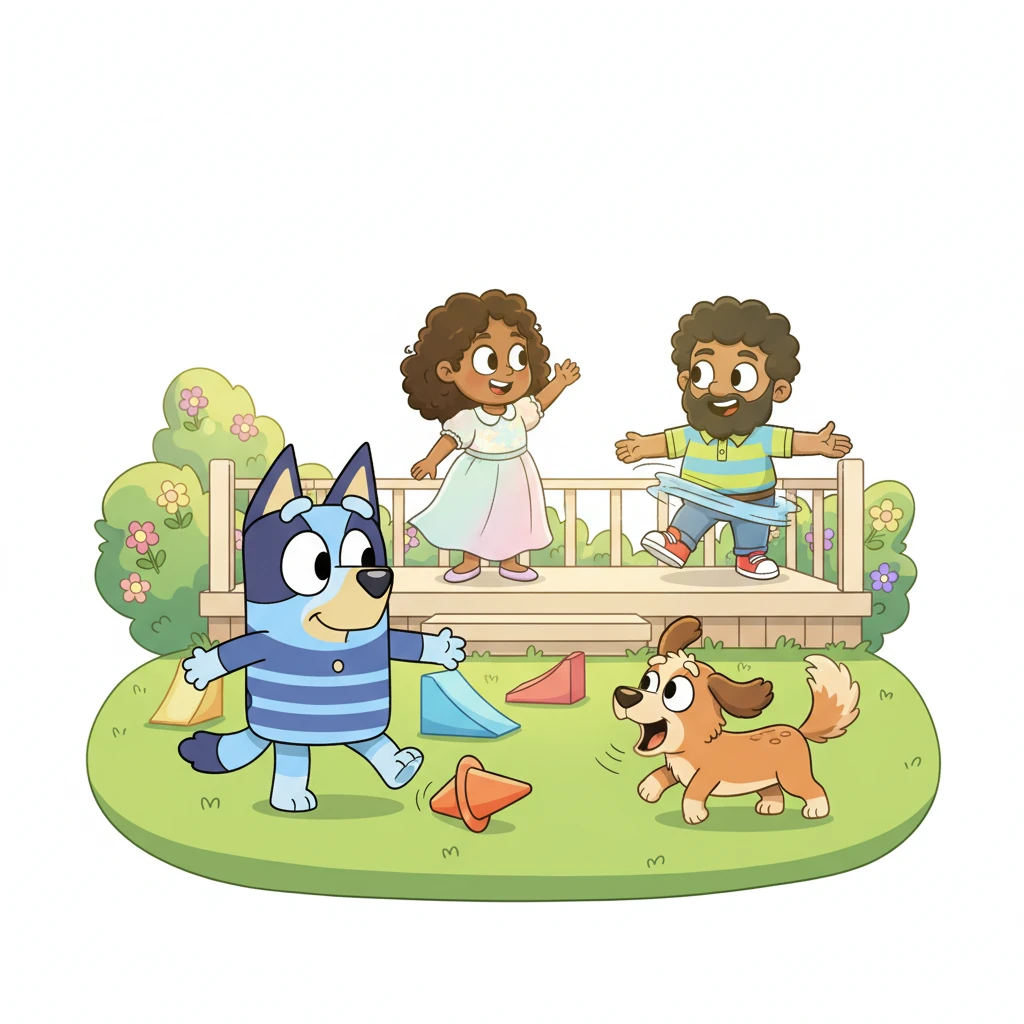 Bluey plays outside, rolling around toy cones and ramps in the bright yard. Zoomer chases him excitedly, barking with joy. Mama waves from the porch, and Papa joins in with gentle spins, as soft pastel flowers and bushes sway under the warm sunbeams.