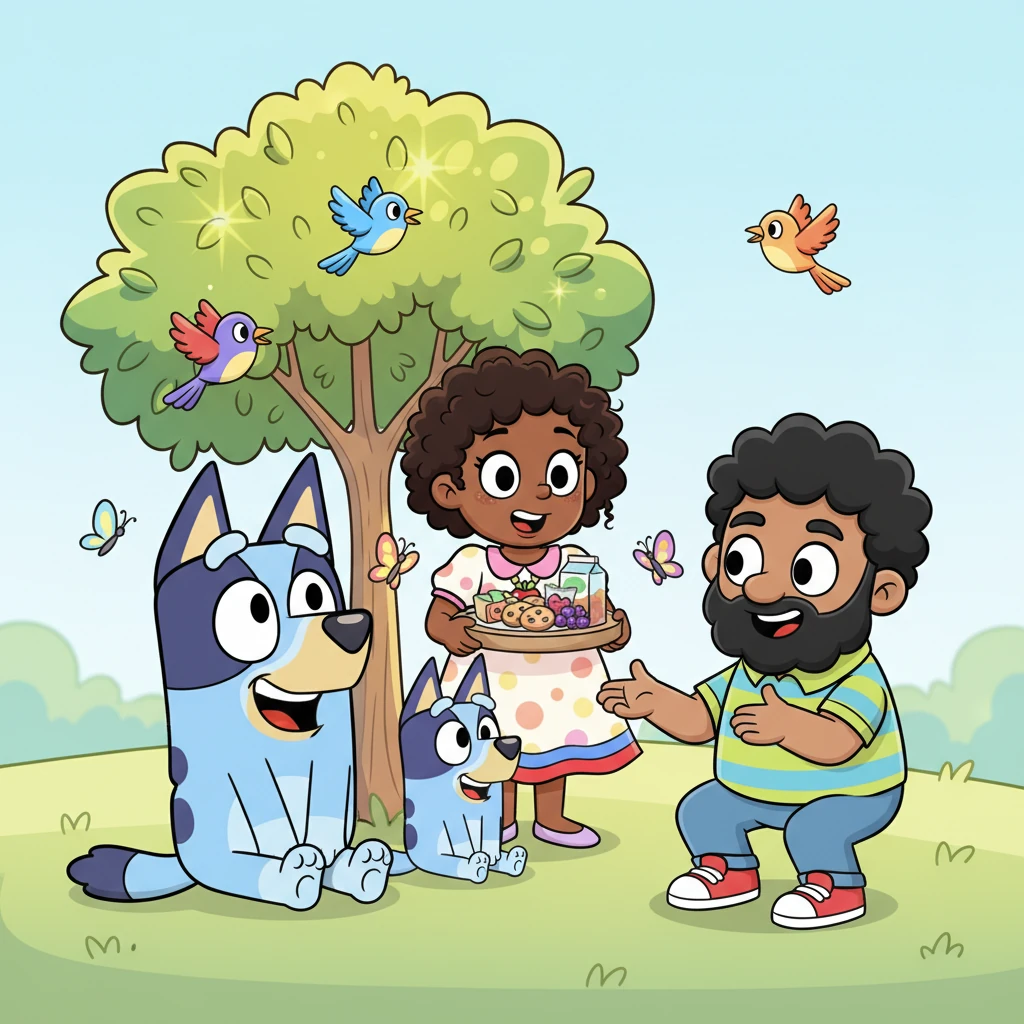 Bluey and Zoomer pause under a small, leafy tree for a rest. Mama brings out a snack tray filled with treats. Papa tells a funny joke that makes everyone giggle, while the leaves shimmer in the golden sunlight and colorful birds and butterflies flutter around.