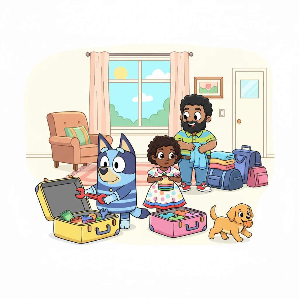 The family gets ready for a trip, packing their suitcases with care. Bluey carefully places his toy-wrench inside, while Mama organizes tiny clothes and Papa folds towels. Zoomer proudly carries a small ball in his mouth, ready for adventure.