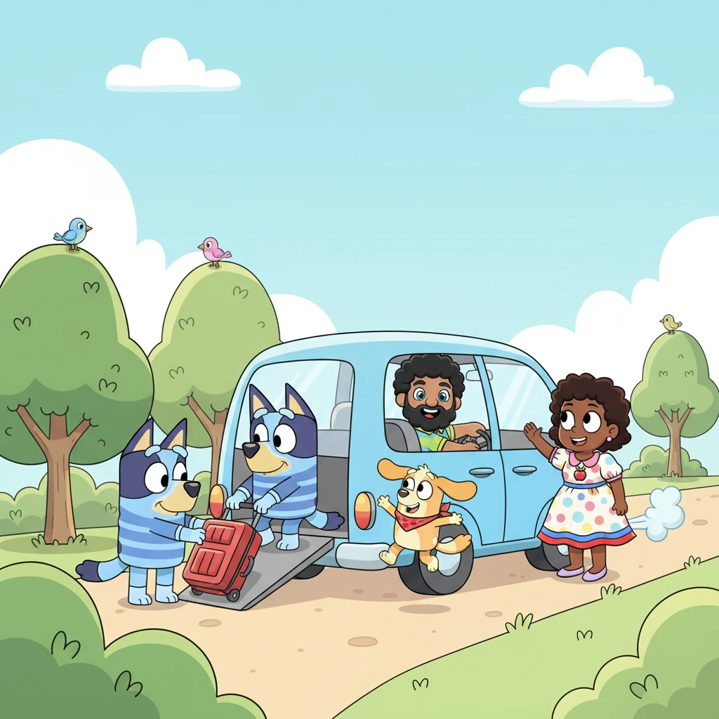 They all enter the family van, Bluey rolling in and placing his suitcase carefully. Zoomer jumps inside with a happy yap. Papa starts the engine cheerfully, and Mama waves goodbye as soft sunlight reflects off the van, brightening their happy faces as they begin driving along a winding road, admiring trees and birds.