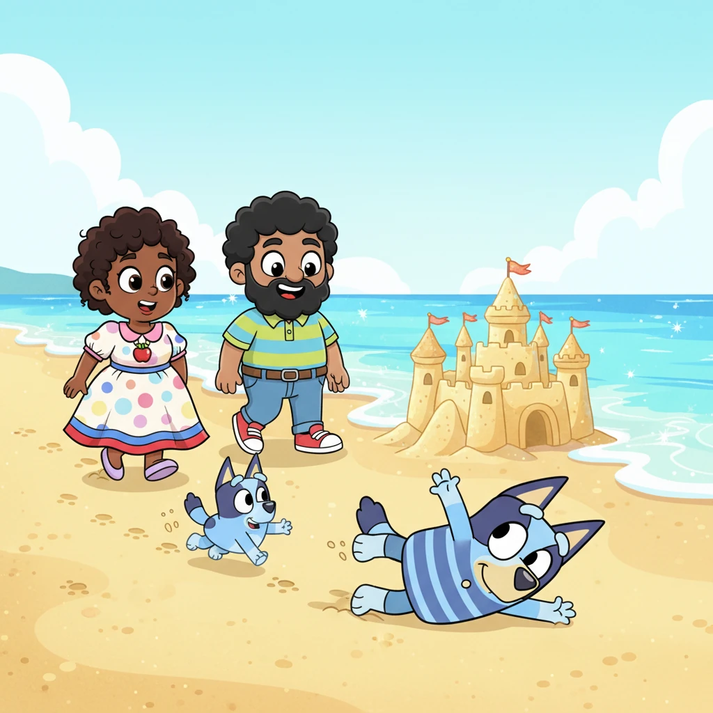 Arriving at the sparkling beach, Bluey rolls over the soft sand, feeling the gentle warmth. Zoomer dashes ahead, leaving tiny tracks, while Mama and Papa follow, smiling. The waves shimmer with inviting turquoise and pale blue, and the family is filled with excitement as they start to build a magnificent sandcastle together.