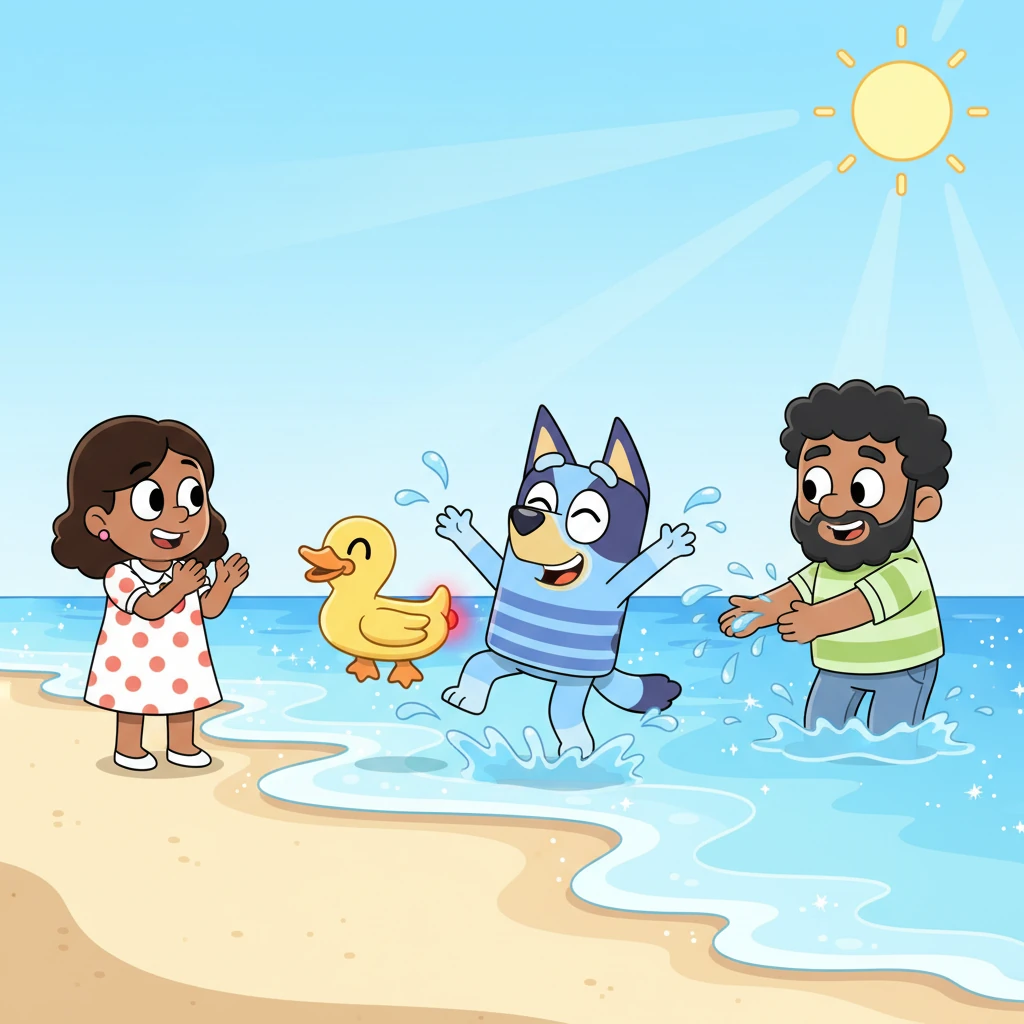 Bluey splashes joyfully in the shallow waves, giggling as water sprays. Zoomer chases the droplets, honking happily, his tail-light wagging vigorously. Mama cheers them on, and Papa joins in with gentle splashes, creating a lively, bright, and joyful scene of family fun under the sparkling sun.
