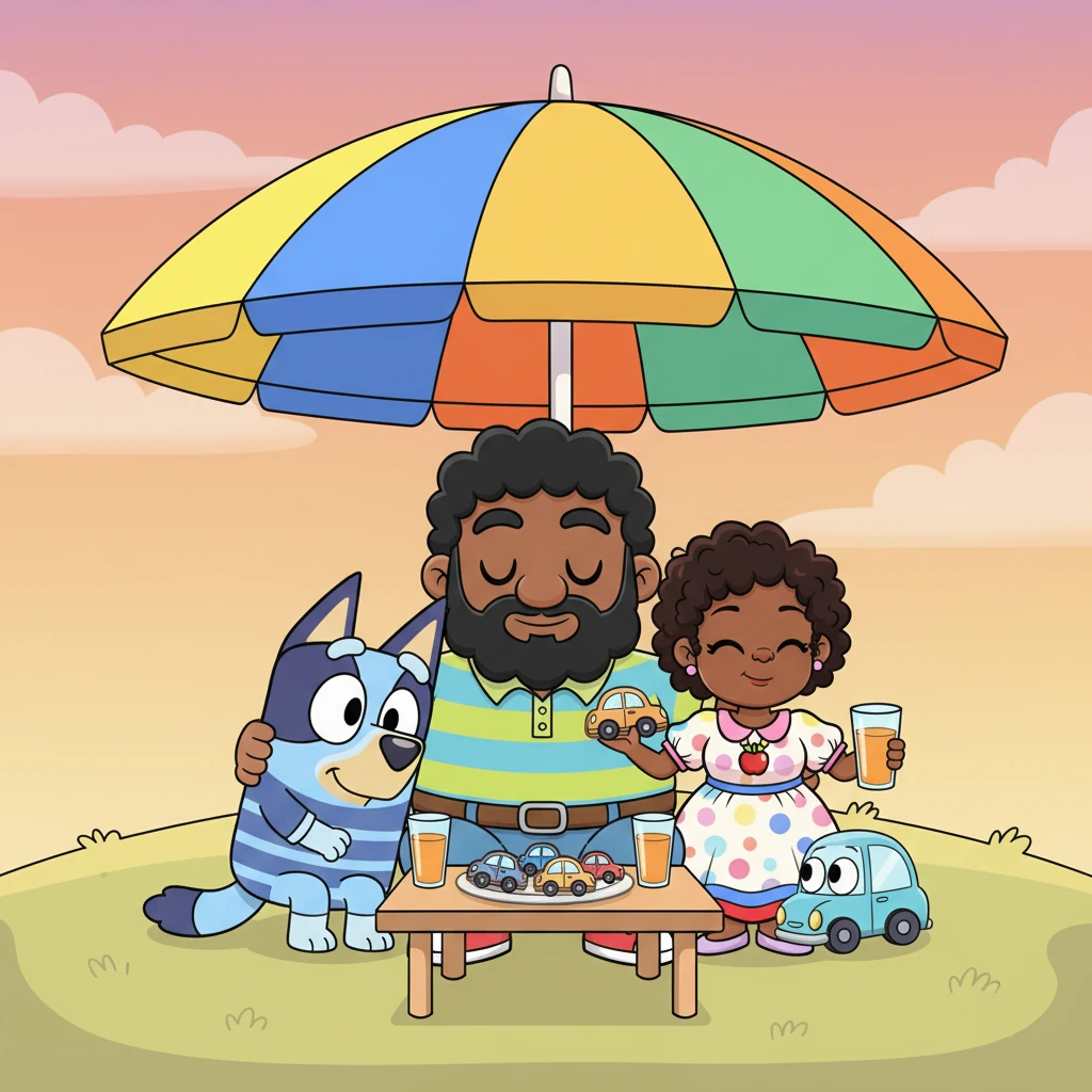 After a wonderful day of play, the family sits under a big, colorful umbrella, enjoying motor-cookies and juice. Bluey leans cozily on Papa Car, while Zoomer curls up by Mama. As the sun sets, painting the sky with orange, pink, and lavender hues, the family feels calm, connected, and safe, ending their perfect day with love.