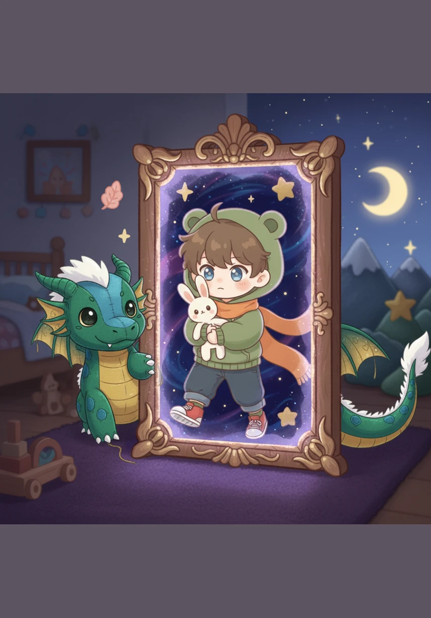 With a deep breath, Leo pulled the handle and stepped through the frame into a world of twilight. He found himself standing at the edge of a vast, dark forest where the air smelled of pine and ancient secrets.