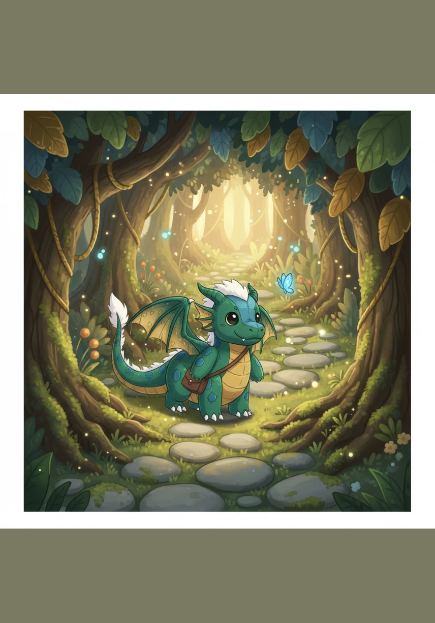 He began to walk along a mossy path, dwarfed by the incredibly tall green trees that stretched toward the stars. The forest was quiet, and the soft glow of fireflies lit his way through the deep shadows.