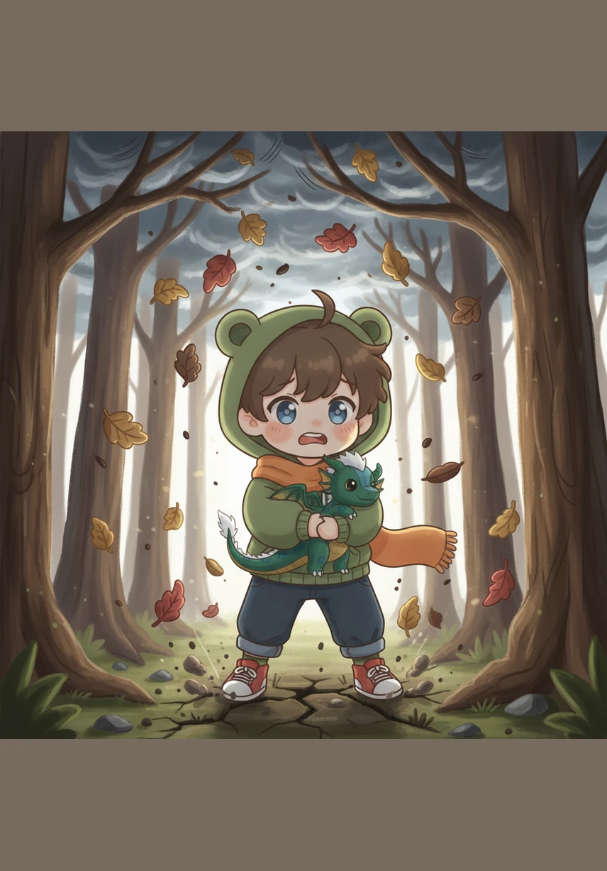 Suddenly, a thunderous noise echoed through the woods, shaking the leaves from the branches. Leo stopped and looked around, his heart beating fast as the ground beneath his feet began to vibrate.