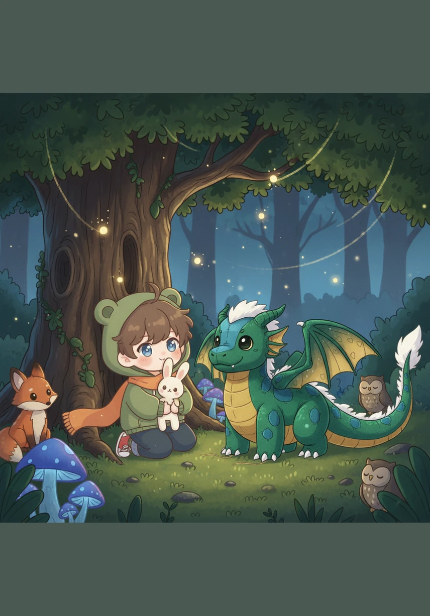 The dragon lowered its massive head and looked closely at Leo, letting out a soft, warm breath. It didn't seem scary at all, and it tilted its head as if inviting Leo to follow it deeper into the woods.