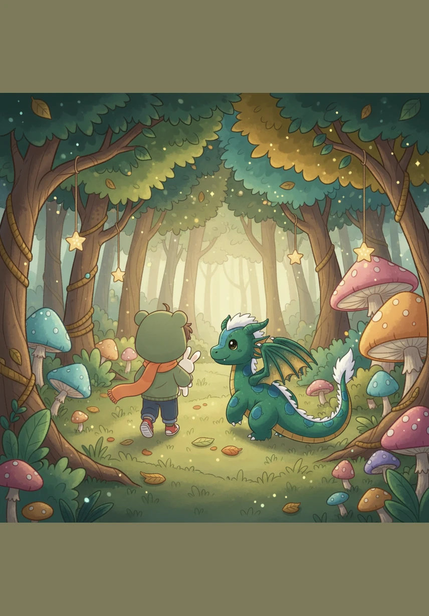 Leo decided to trust his new friend and followed the dragon as it moved gracefully through the towering trees. They walked past glowing flowers and silver streams that sparkled in the moonlight.