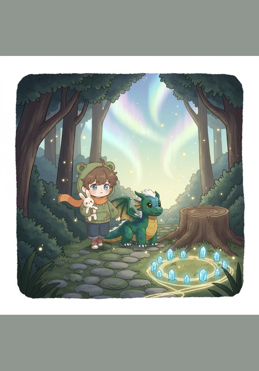 As they reached the edge of the forest, a breathtaking white castle appeared on a nearby hill. Its tall towers were topped with sparkling blue crystals that shimmered like diamonds against the night sky.