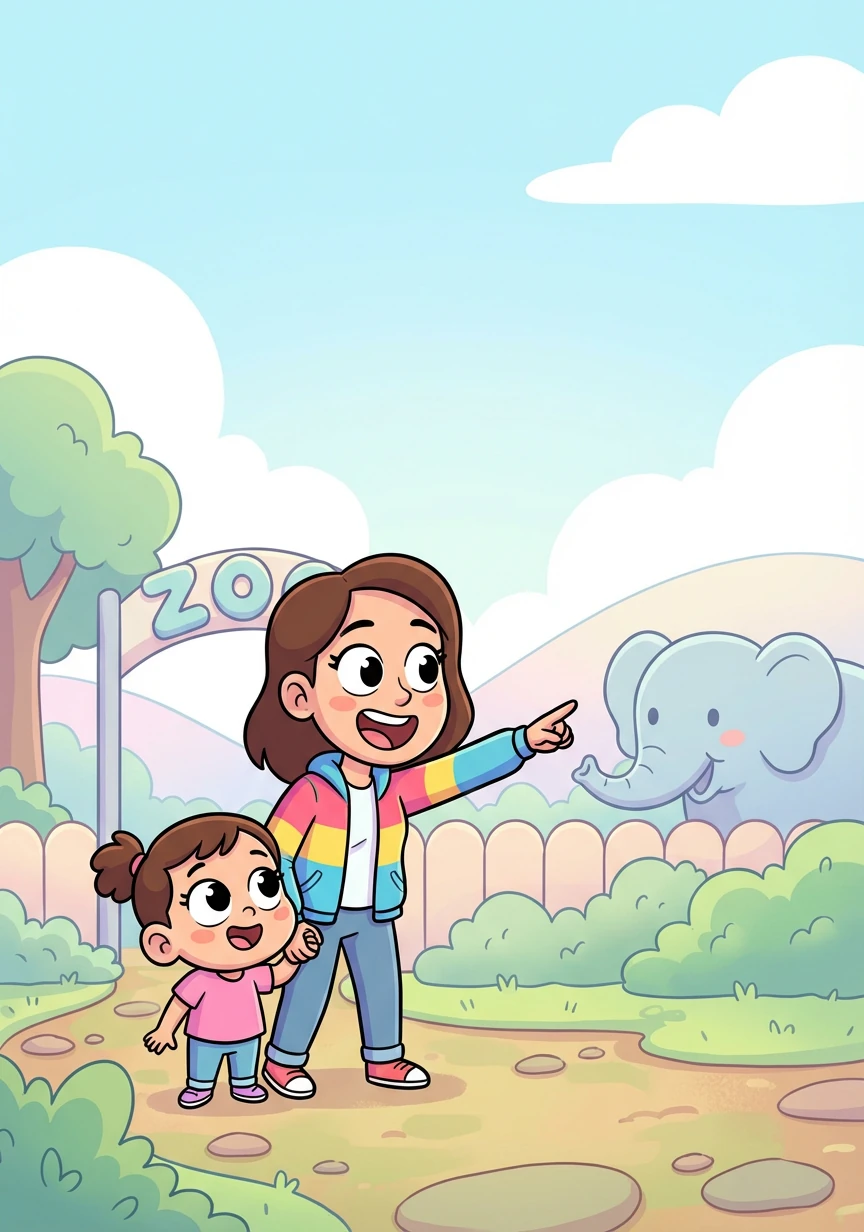 Amber 妈妈带着 Lexi 来到动物园。 "Look, Lexi!" Amber 指着远处说，"It's an elephant!"