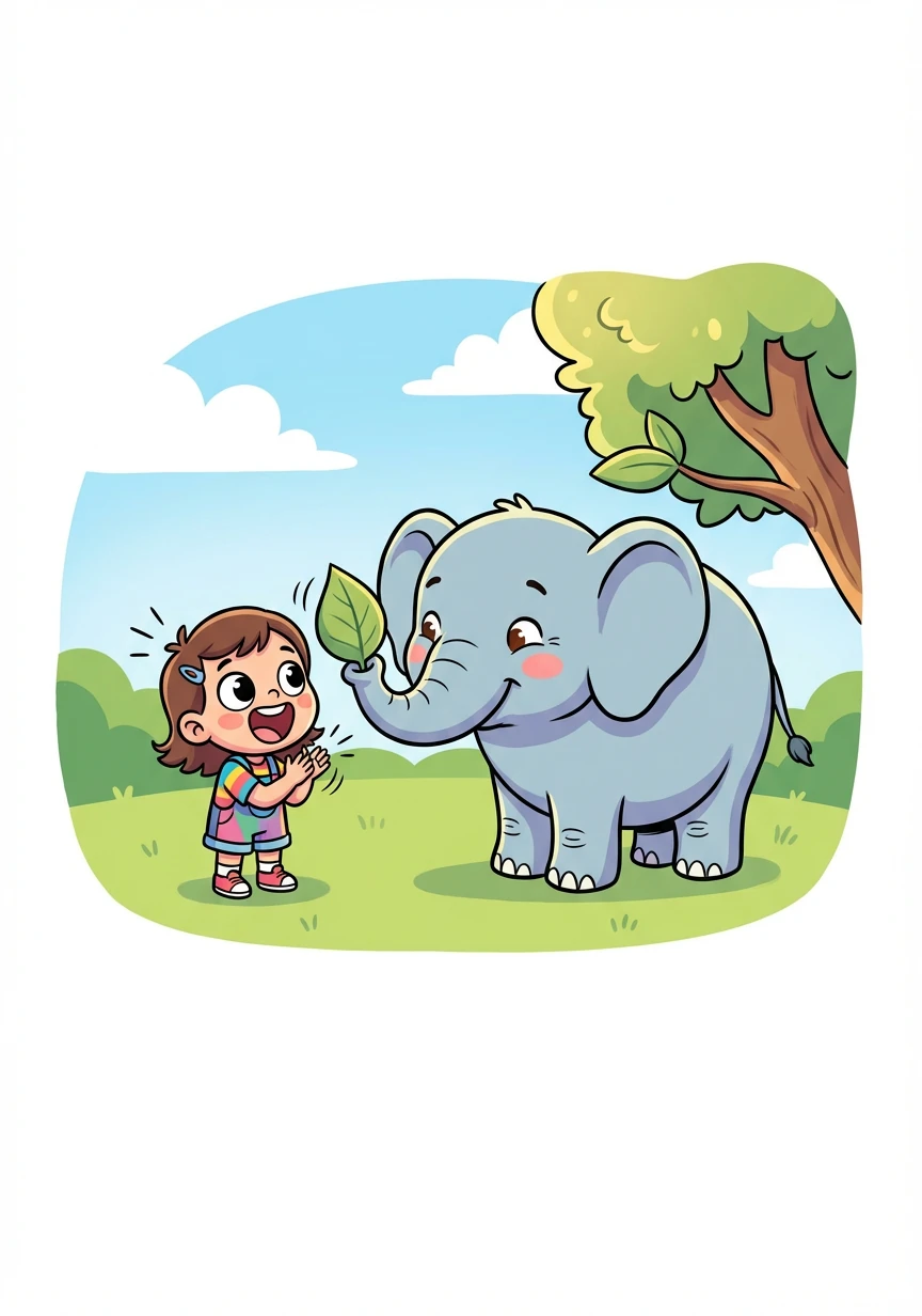 Lexi 兴奋地拍着手，"Elephant!" 大象慢慢地走过来，用长长的鼻子卷起一片树叶。大象真大呀！