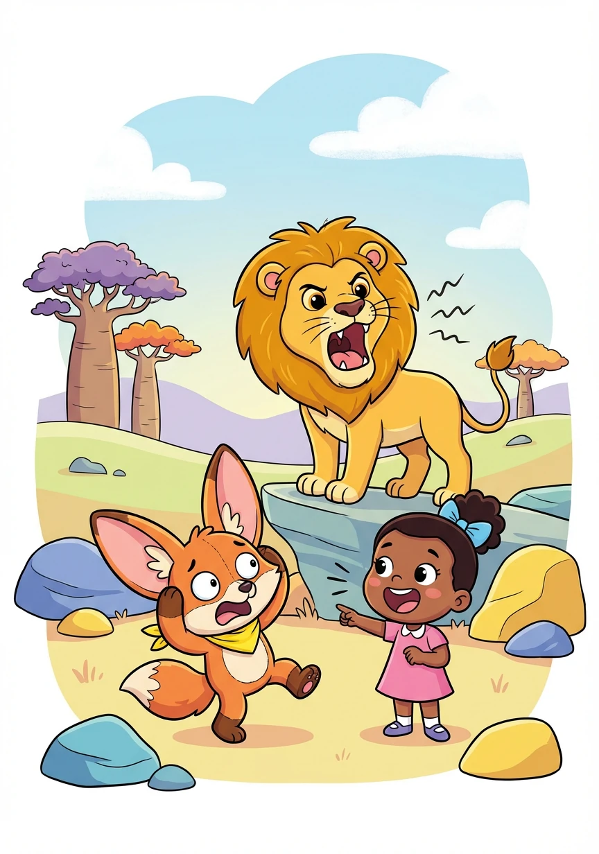 接下来，他们来到了狮子的地盘。"Roar!" 狮子吼了一声。Amber 说，"That's a lion, Lexi!"