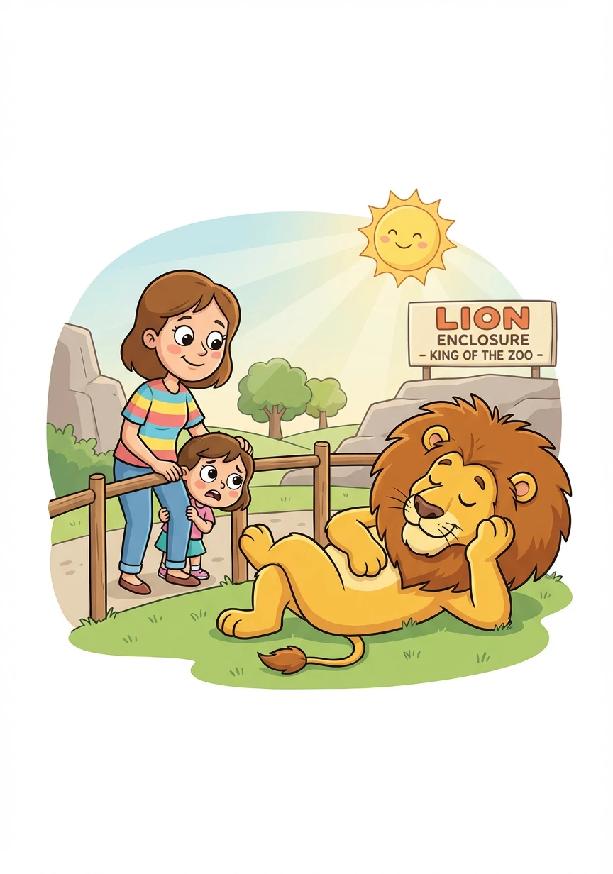 Lexi 有点害怕，躲在 Amber 妈妈身后。狮子懒洋洋地躺在地上，晒着太阳。它是动物园的国王。