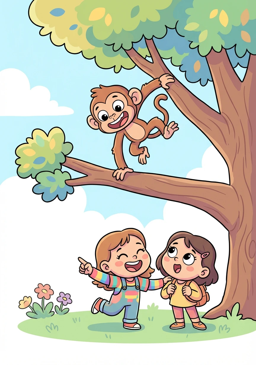 他们又看到了猴子。"Ooh ooh aah aah!" 猴子在树上跳来跳去。Amber 笑着说，"These are monkeys, Lexi!"