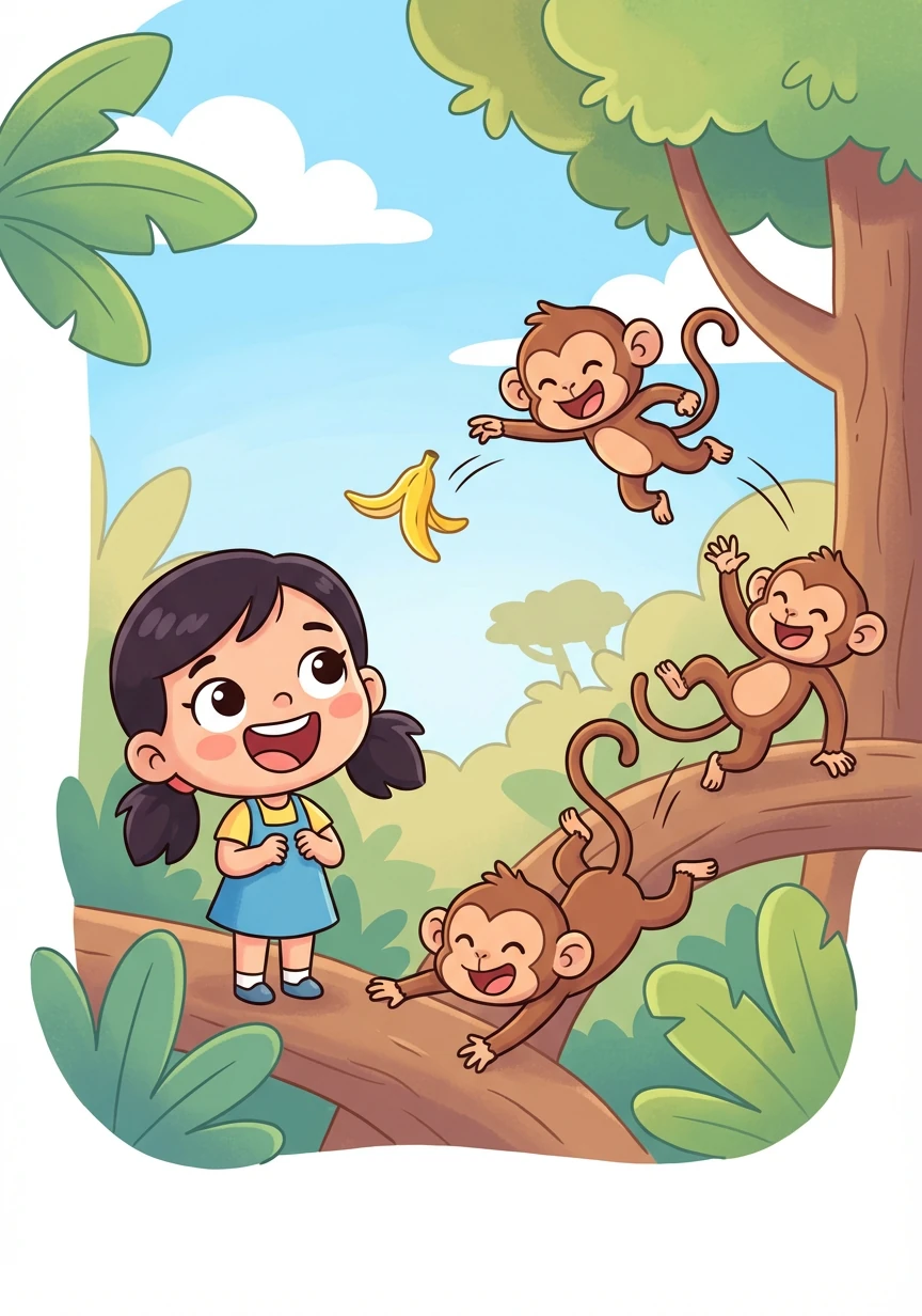 Lexi 开心地笑了。猴子们调皮地互相追逐，还朝他们扔了一根香蕉皮。猴子真有趣！