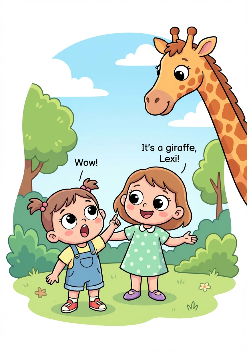 然后，他们看到了长颈鹿。"Wow!" Lexi 惊叹道。"It's a giraffe, Lexi!" Amber 解释说。