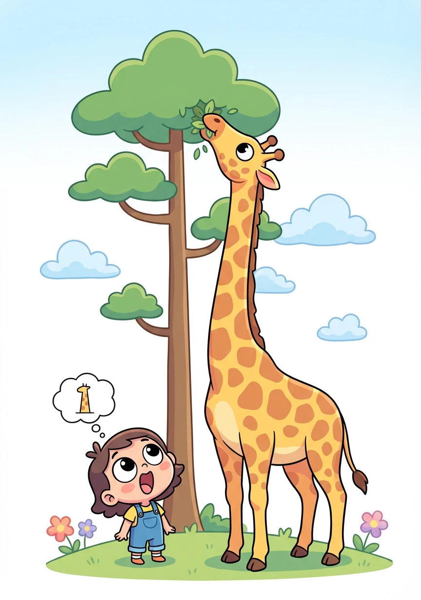 长颈鹿的脖子真长啊！它可以吃到树顶上的叶子。Lexi 抬头看着长颈鹿，觉得它像一座高塔。