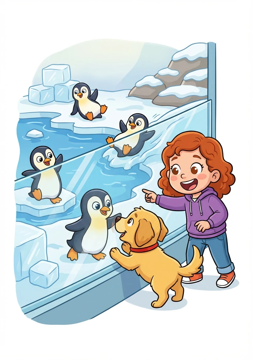最后，Amber 和 Lexi 来到了企鹅馆。"Waddle waddle!" 企鹅们摇摇摆摆地走着。"These are penguins, Lexi!"