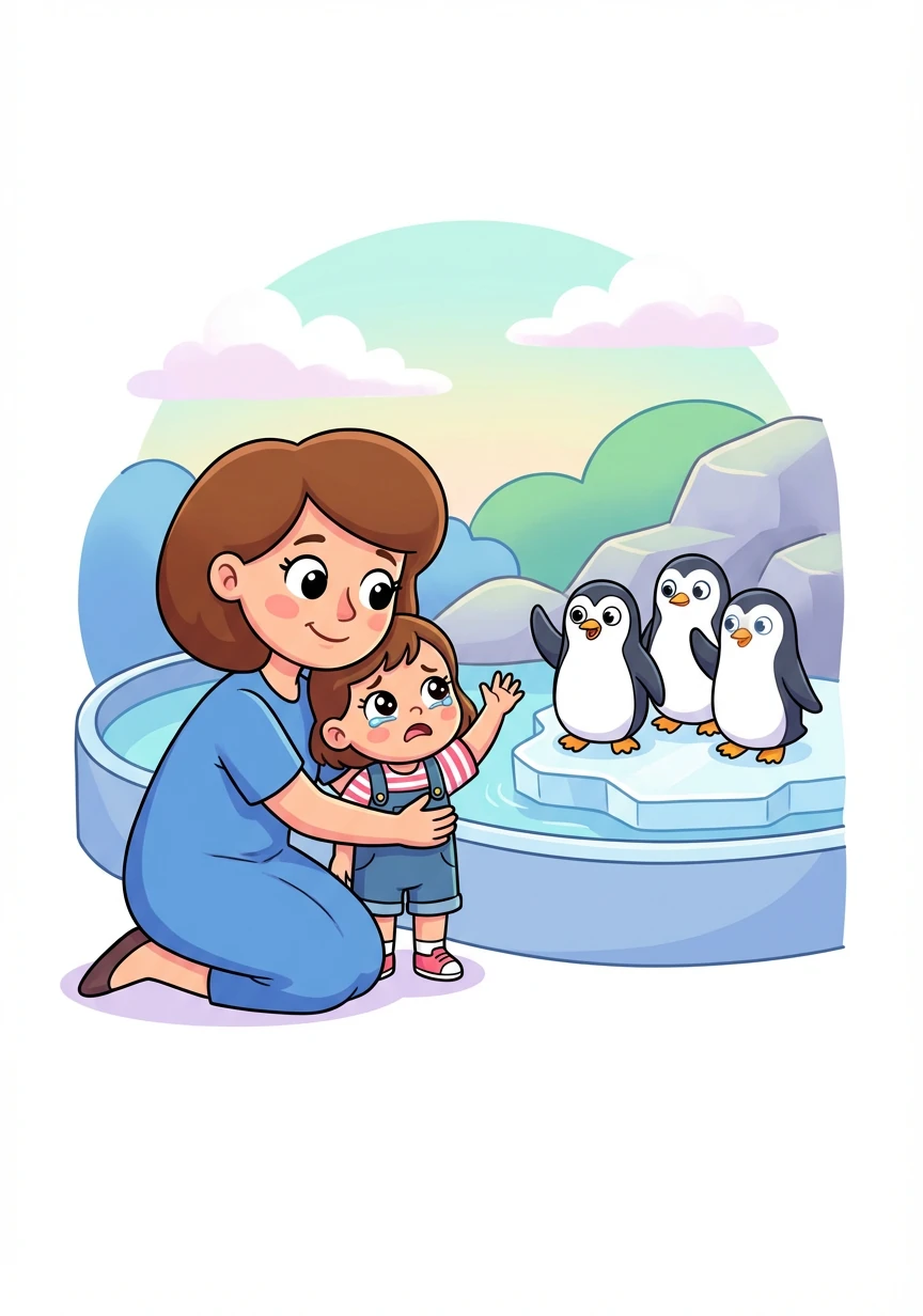 Lexi 依依不舍地和企鹅们告别。今天在动物园玩得真开心！Amber 抱着 Lexi 说："Let's go home, Lexi!"