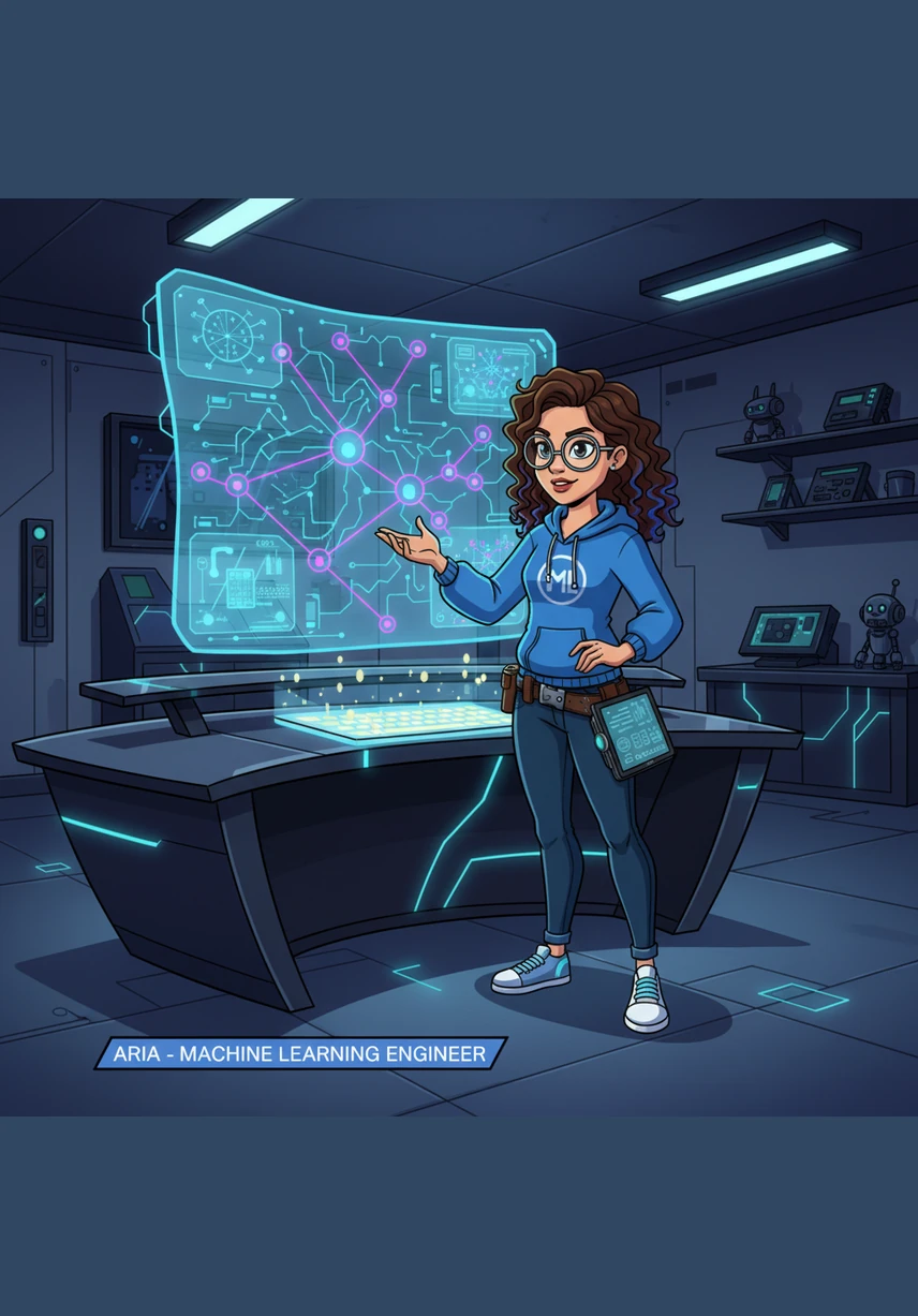 Aria projects a glowing holographic blueprint into the air, detailing the system architecture of her creation. The diagram shows how raw email data enters the system, travels through a processing pipeline, and eventually reaches a decision engine. This architecture serves as the master map for her project, ensuring every component works in harmony to protect the user's inbox.