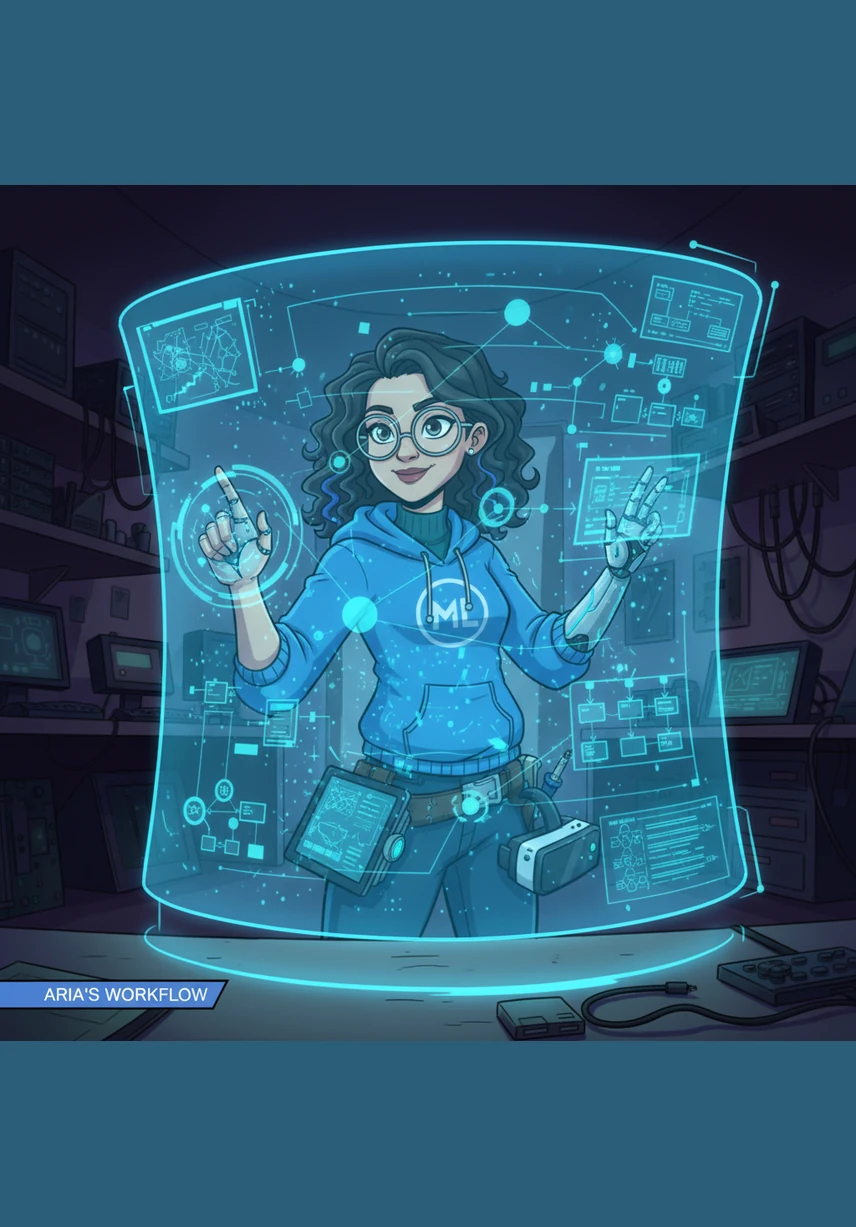 Moving with purpose, Aria illustrates the step-by-step workflow of the system on a glass board. The process begins with data ingestion, followed by meticulous cleaning, feature extraction, and finally the model prediction phase. Each step is a vital link in the chain, turning a messy pile of text into a refined stream of intelligence.