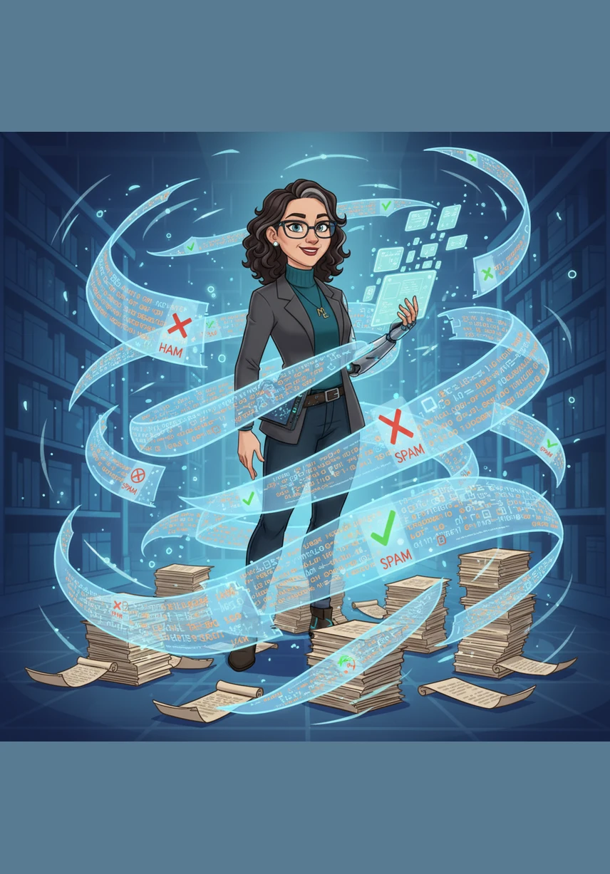 Aria gathers a vast library of digital scrolls, representing the dataset collection of labeled Spam and Ham emails. She explains that the quality of her classifier depends on this foundation, where diverse examples teach the machine the nuances of human communication. She carefully organizes these samples, preparing them for the rigorous preprocessing phase that lies ahead.