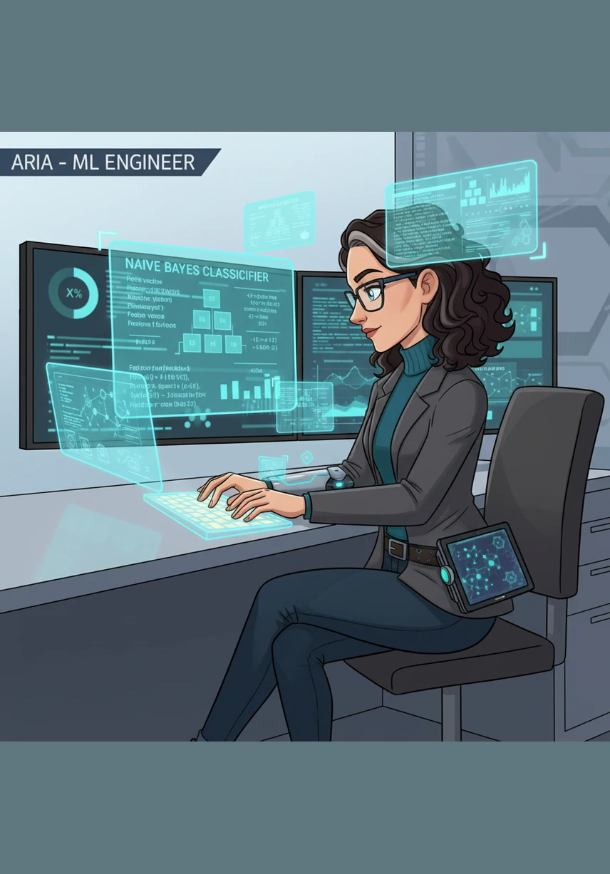 Aria selects the Naive Bayes algorithm to serve as the brain of her classifier, writing the implementation using Scikit-learn in Python. She feeds the numerical features into the model, initiating a training process where the algorithm learns the probability of certain words appearing in spam. The code is elegant and efficient, forming the core logic that will power her intelligent filter.