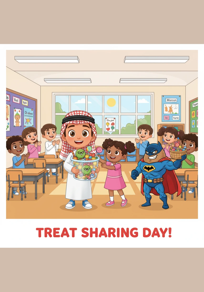 Hamad carefully places seven delicious snacks into a basket balanced on his head to share with his friends in the FS2 classroom. He has sweet dates, a golden mango, a yellow banana, and other treats ready for a wonderful day at school.