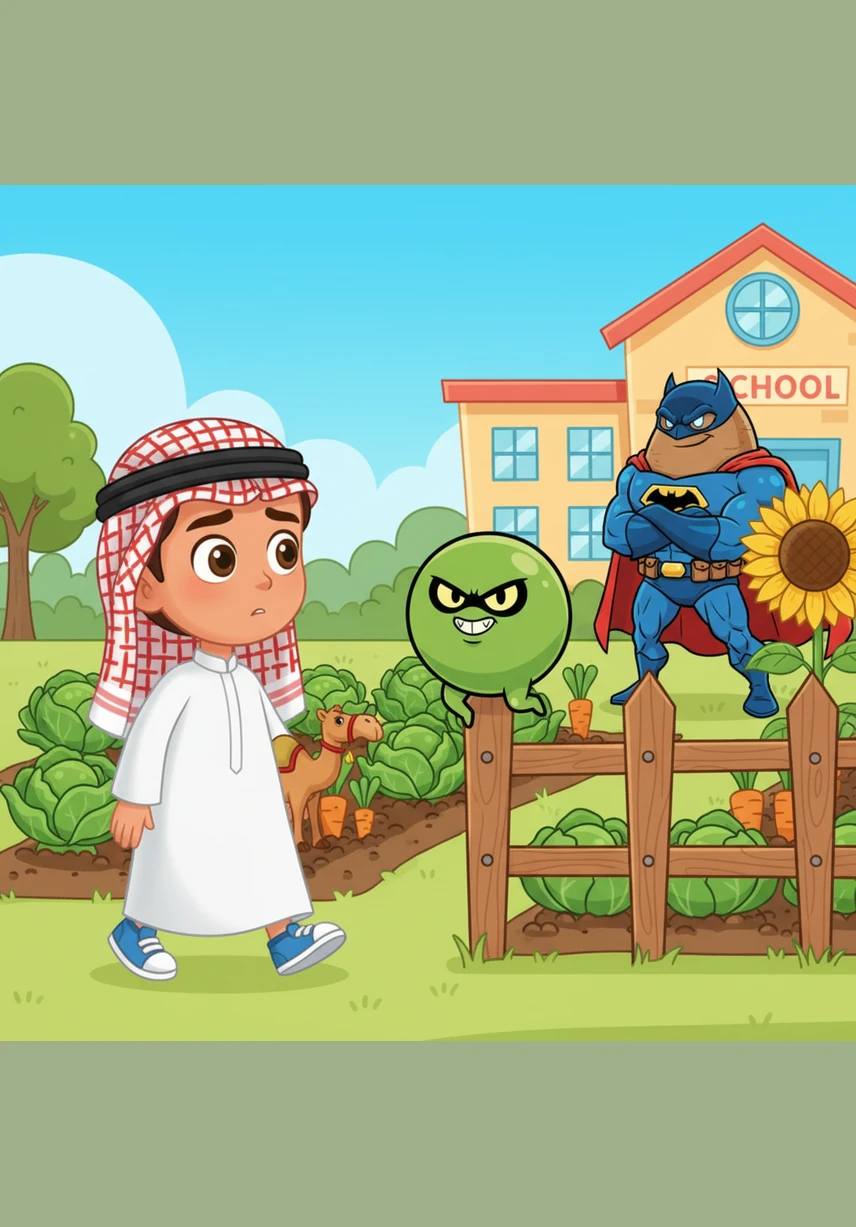 As Hamad walks past the school garden, a sneaky camel reaches over the fence and quietly swaps the heavy mango for a tiny, round, and very naughty Evil Pea. Hamad continues walking, wondering if his friends will like the sweet fruit he is bringing.