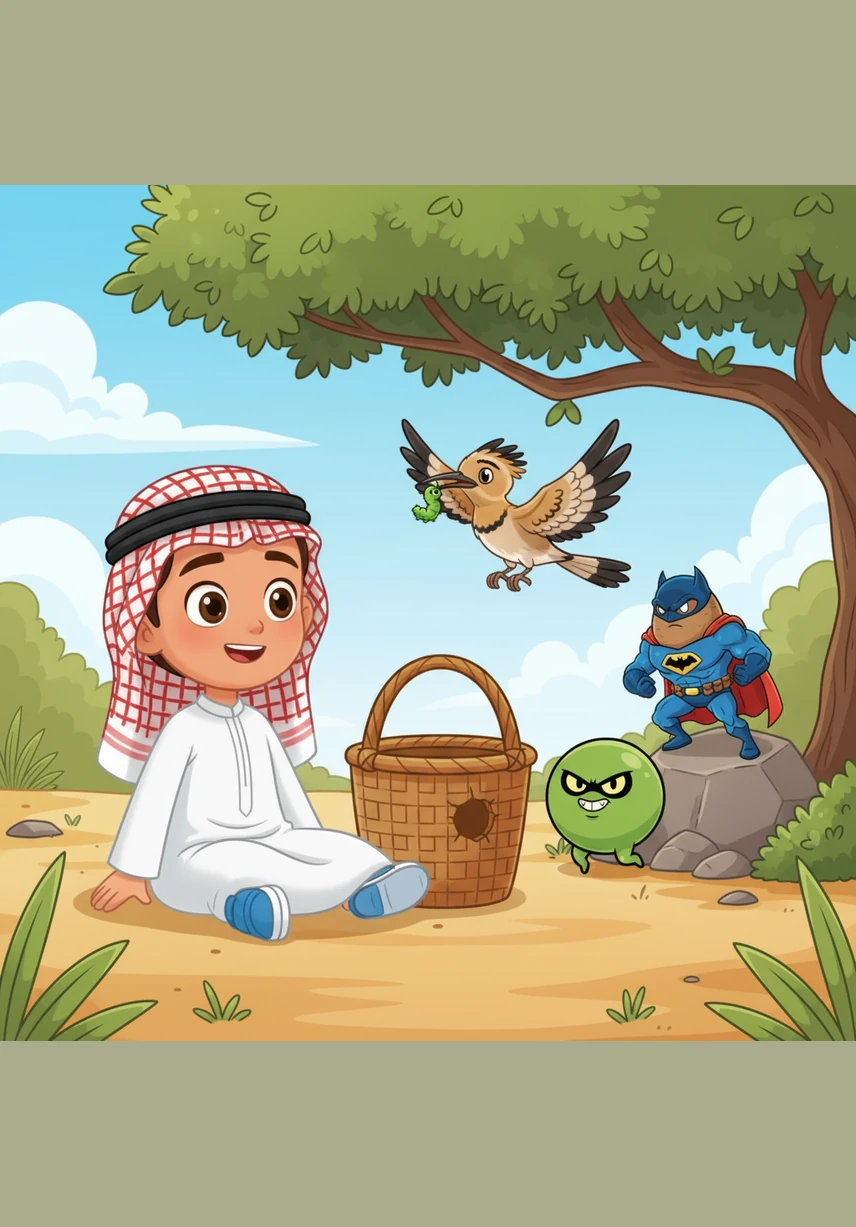 A colorful hoopoe bird flies down from a Ghaf tree and replaces the yellow banana with a very tiny, very hungry caterpillar. The little caterpillar is so hungry that it immediately starts nibbling a hole right through the side of Hamad's woven basket.