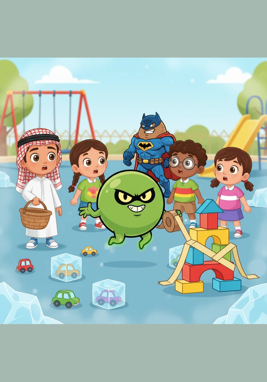 When Hamad arrives at the playground, the Evil Pea jumps out of the basket and starts causing chaos by freezing the toy cars in ice and taping the building blocks together. The FS2 kids gasp in surprise as their morning playtime turns into a messy muddle.