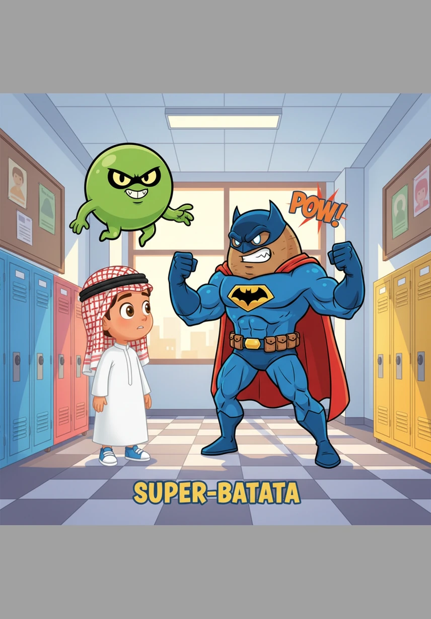 Suddenly, a brave potato wearing a red cape and a tiny mask leaps out from under the dates—it is Super-Batata! He strikes a heroic pose and promises the FS2 children that he will stop the Evil Pea and save the school day.