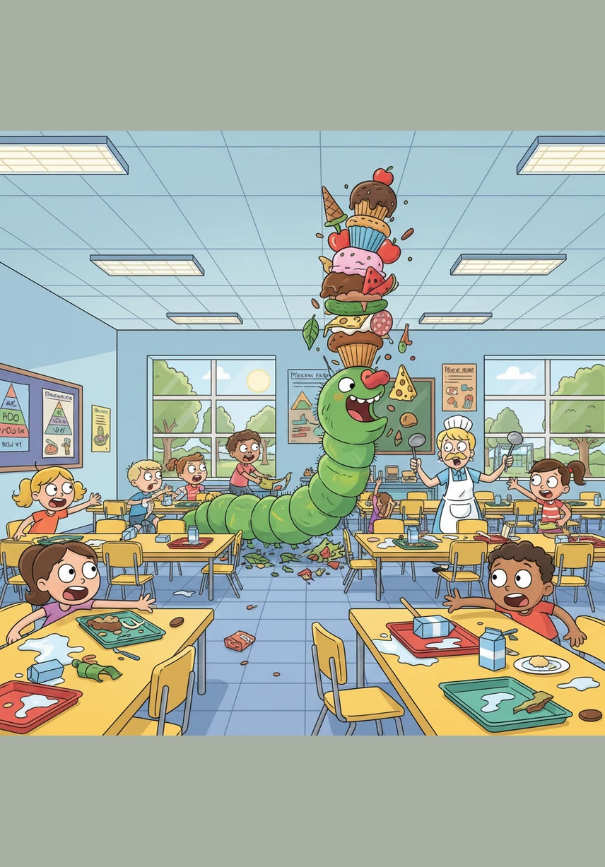 While Super-Batata chases the pea, the Very Hungry Caterpillar crawls into the lunch hall and eats through one cheese fatayer, two pieces of pita bread, and three juicy pieces of watermelon. He is getting bigger and rounder by the second as the teachers look on in amazement.