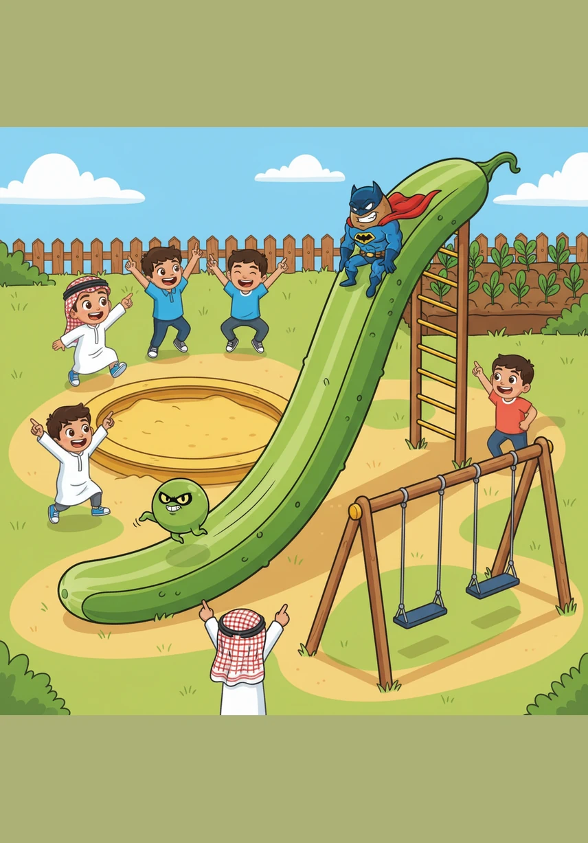 The FS2 kids cheer and giggle as Super-Batata uses a long cucumber as a slide to catch up with the Evil Pea near the school's vegetable patch. The chase goes around the sandpit and under the swings while everyone shouts for the potato hero.