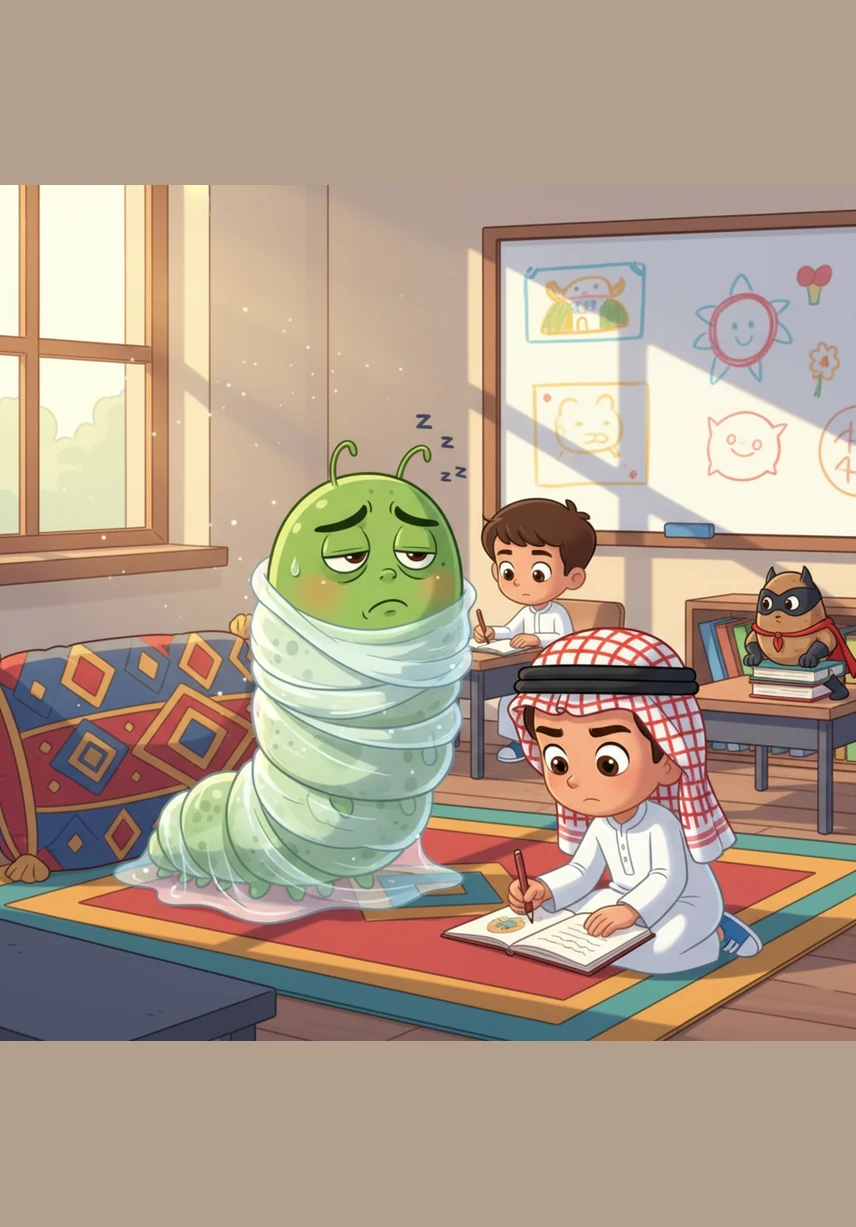 The caterpillar is now very big and has a tummy ache, so he finds a quiet, cozy corner under a traditional majlis cushion in the classroom. He spins a soft, silky cocoon around himself and falls into a deep sleep while the school day continues.