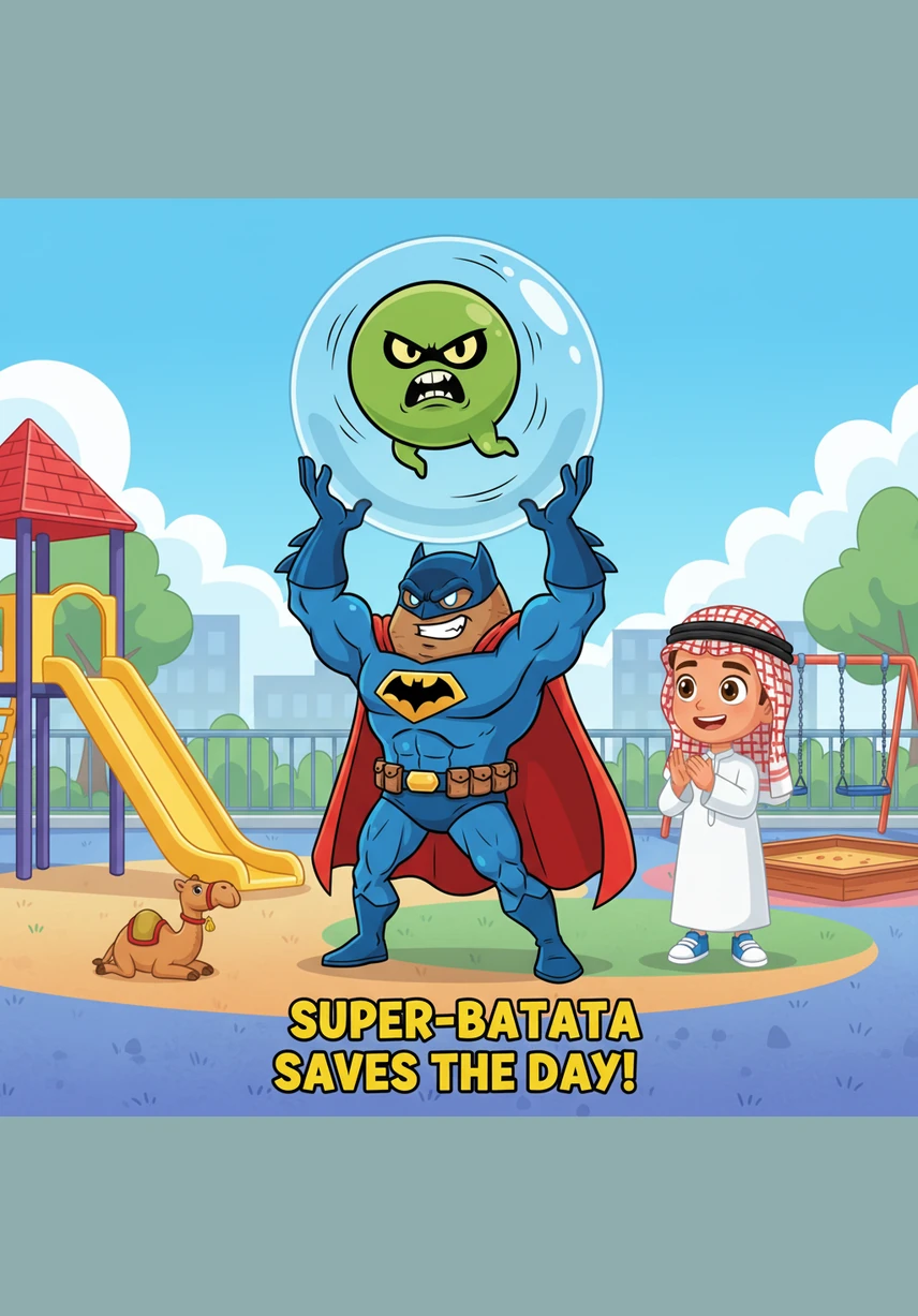 With a clever trick involving a stray lunchbox, Super-Batata finally traps the Evil Pea inside a plastic hummus container. The playground is safe once again, and the FS2 kids give Super-Batata a big high-five for his bravery.