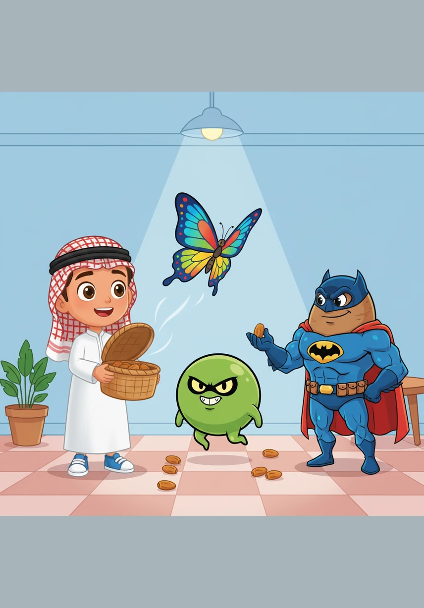 Hamad finally opens his basket to share his treats and is amazed to see a beautiful, multicolored butterfly emerge from the cocoon and fly toward the ceiling. Everyone enjoys the sweet dates together, celebrating a morning full of super surprises and new friends.